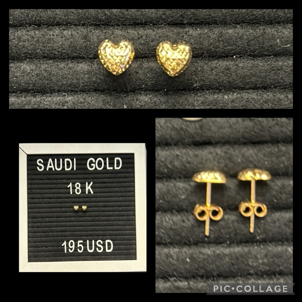 18K Saudi Gold Puff heart Shaped Earrings ❤️
